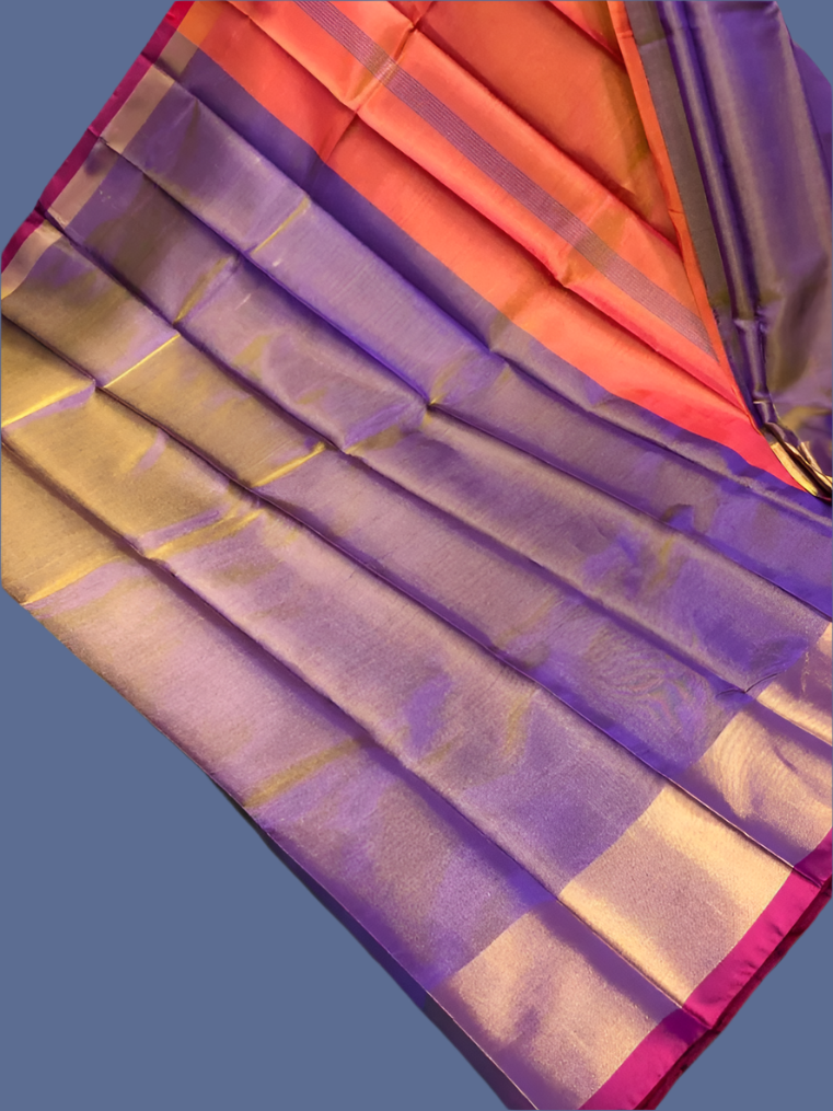 Pure Uppada Pattu Tissue Silk Saree with Contrast Pallu Design Purple & Orange
